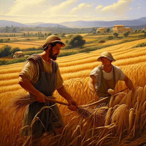 Roman farmers harvesting with a sickle in a wheat field nea... by ...