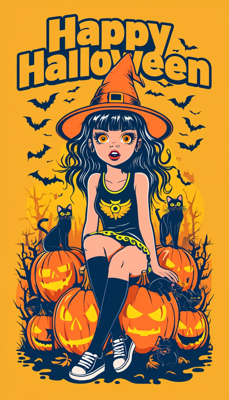 Groovy Halloween Cartoon Girl with Pumpkins and Cats Art