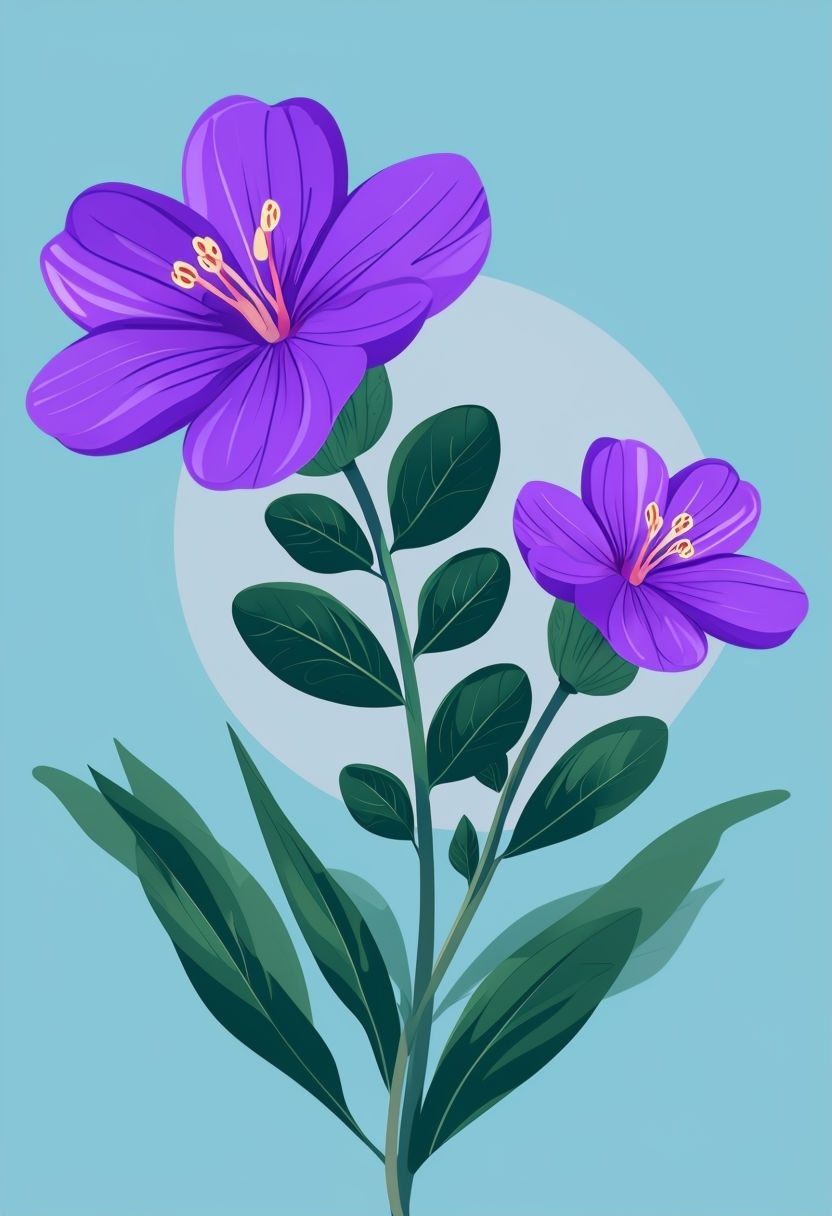 Vibrant Purple Flowers on Light Blue Background Illustration Art
