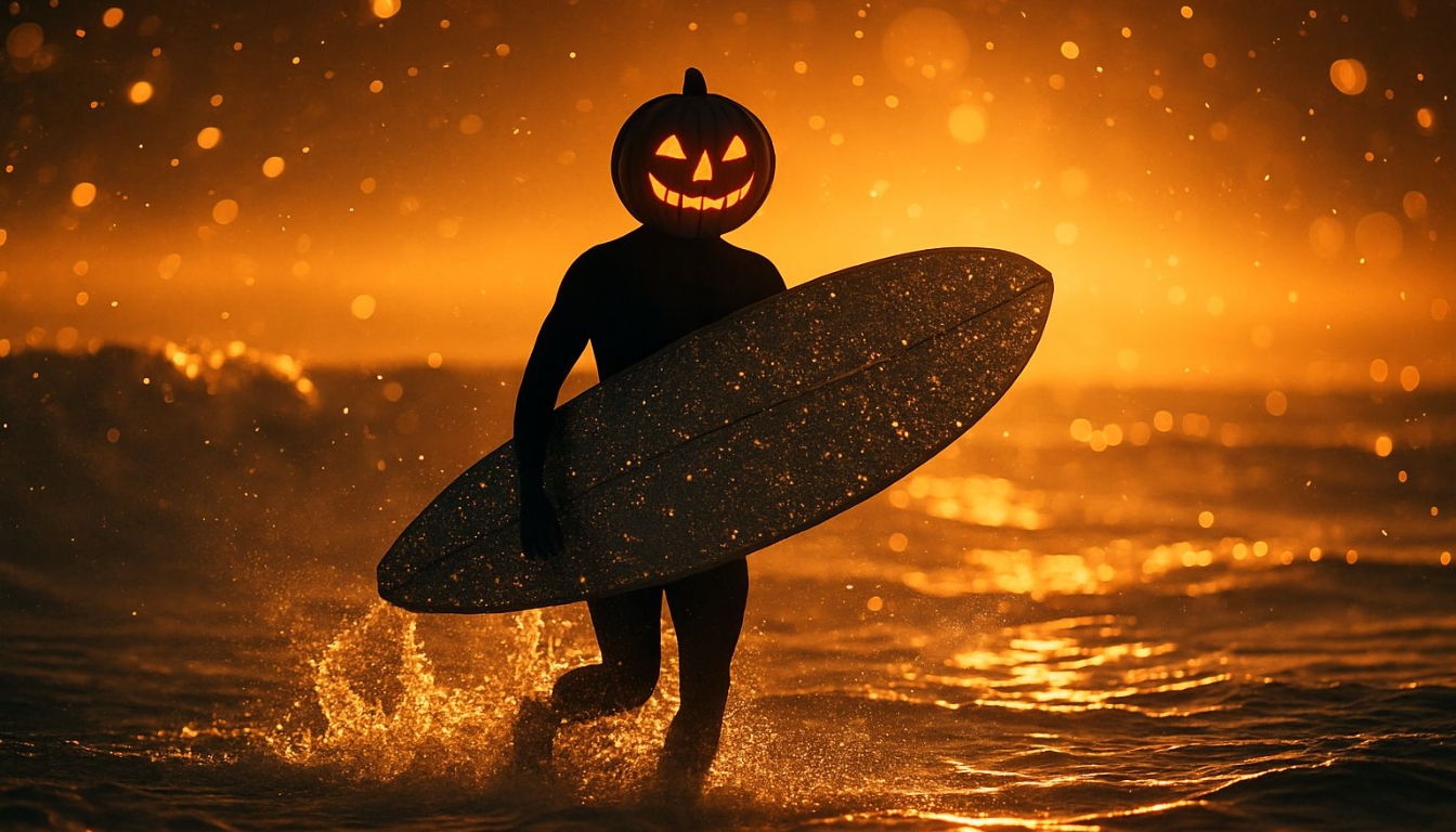 Surreal Halloween Surfer with Glowing Pumpkin Head Virtual Background