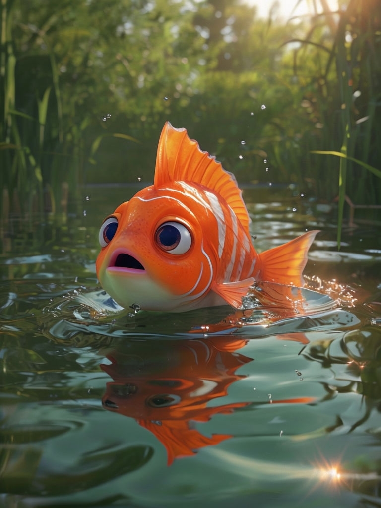 Vibrant Orange Fish Breaking Water Surface 3D Art Poster