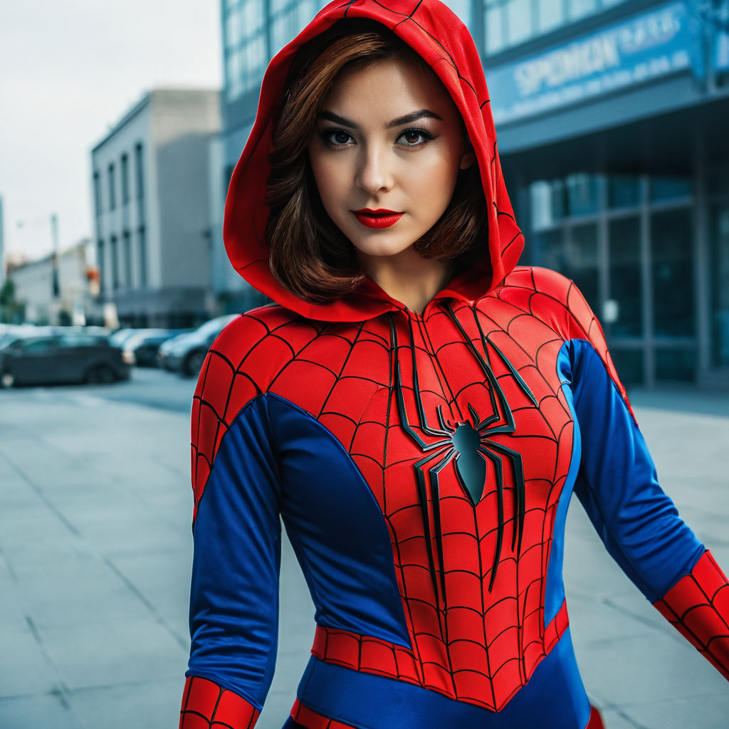 Female spiderman suit in red black and white with hoodie