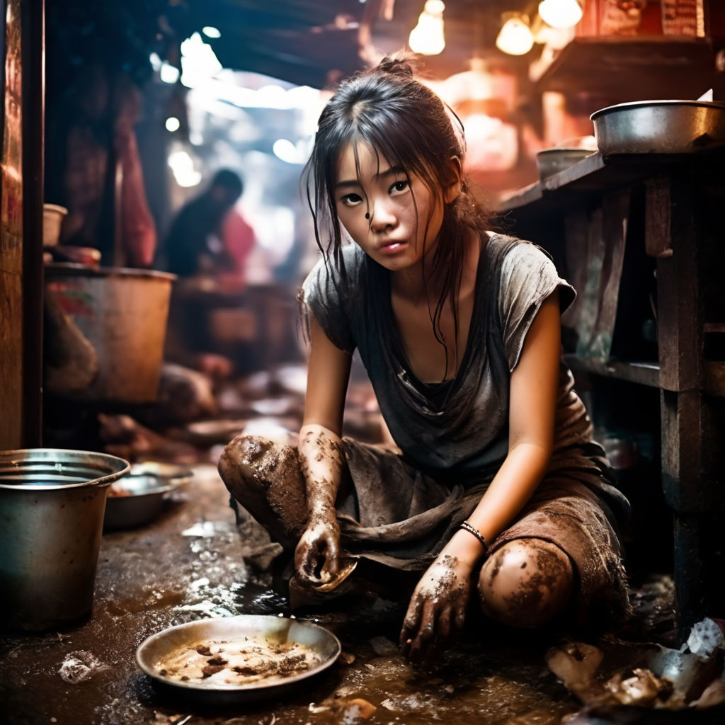 Young dirty barefoot slave girl in a dirty hong kong style c... by x