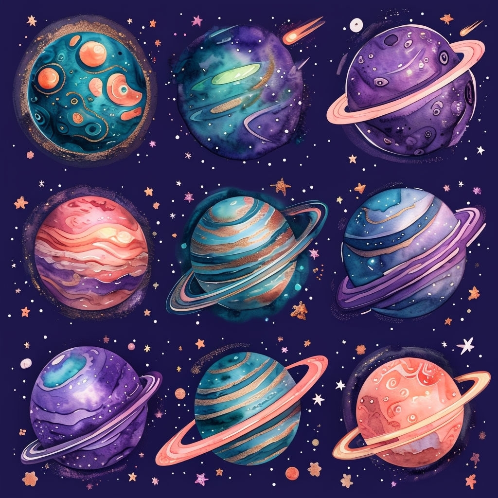 Vibrant Watercolor Cosmic Planets with Stars Seamless Pattern