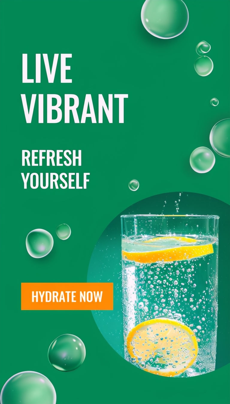 Vibrant Emerald Green Hydration Ad with Refreshing Lemon Water