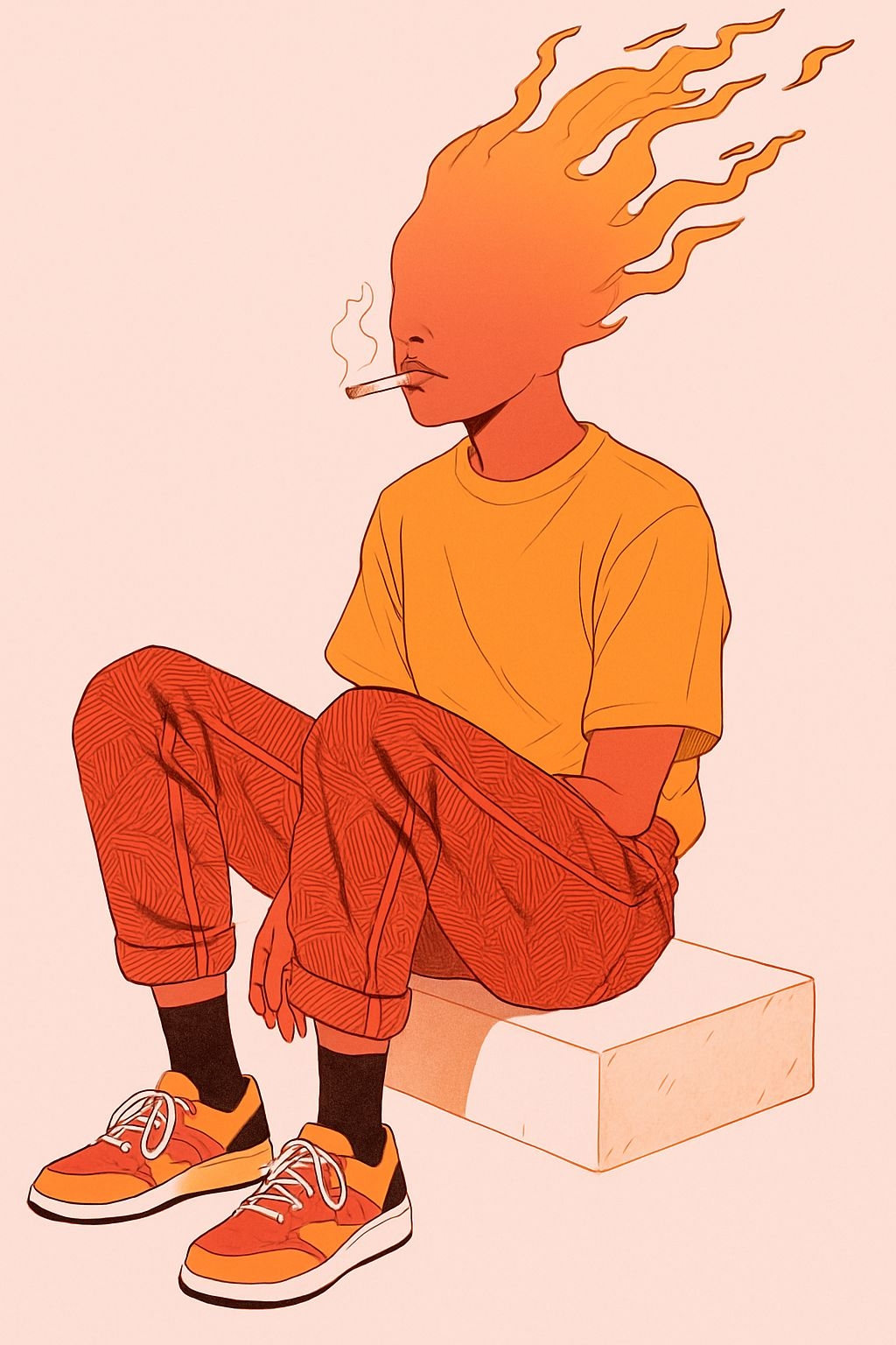Surreal Illustration of a Fiery-Haired Person on Peach Background Art