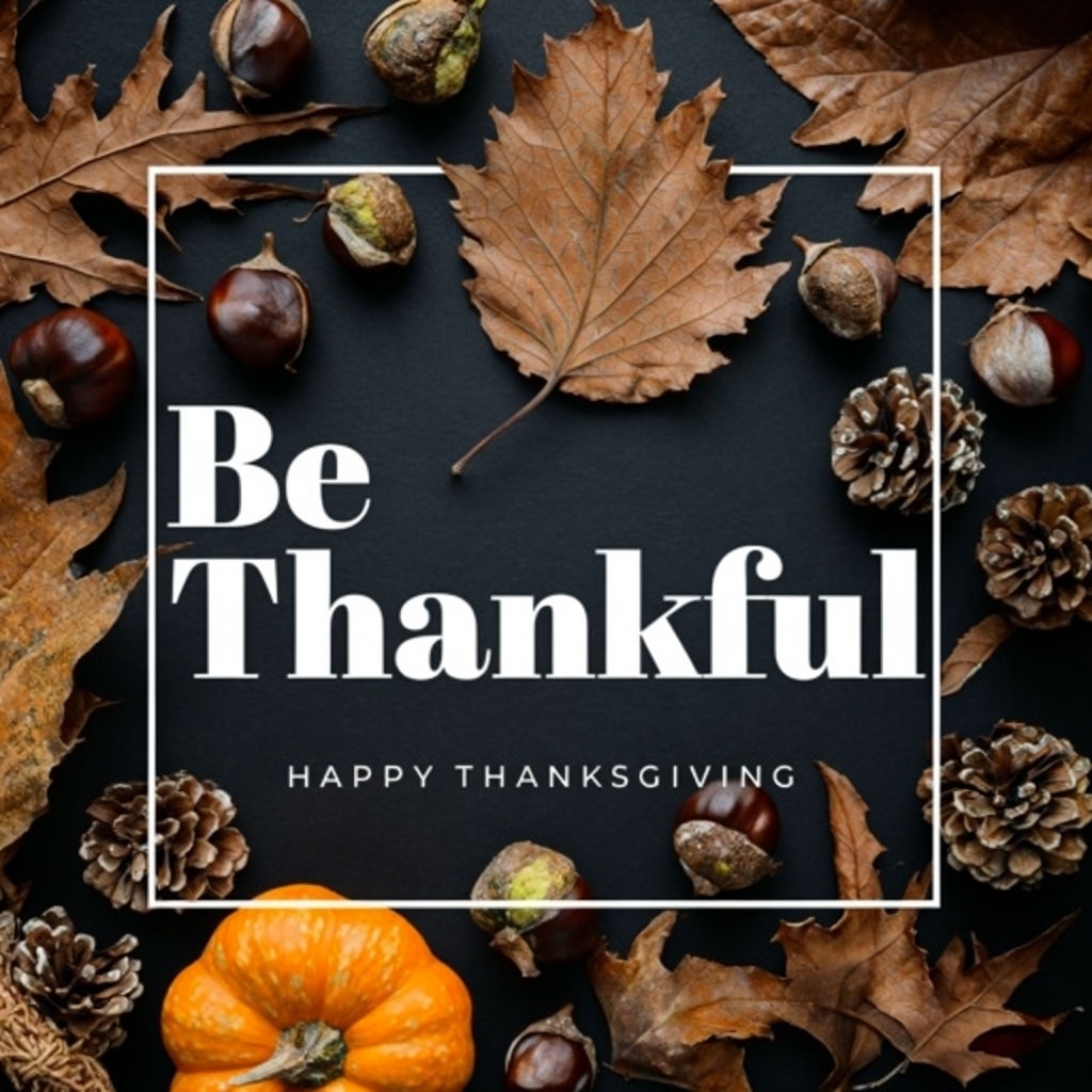 Festive Thanksgiving Be Thankful Graphic with Autumn Elements Social Media Post