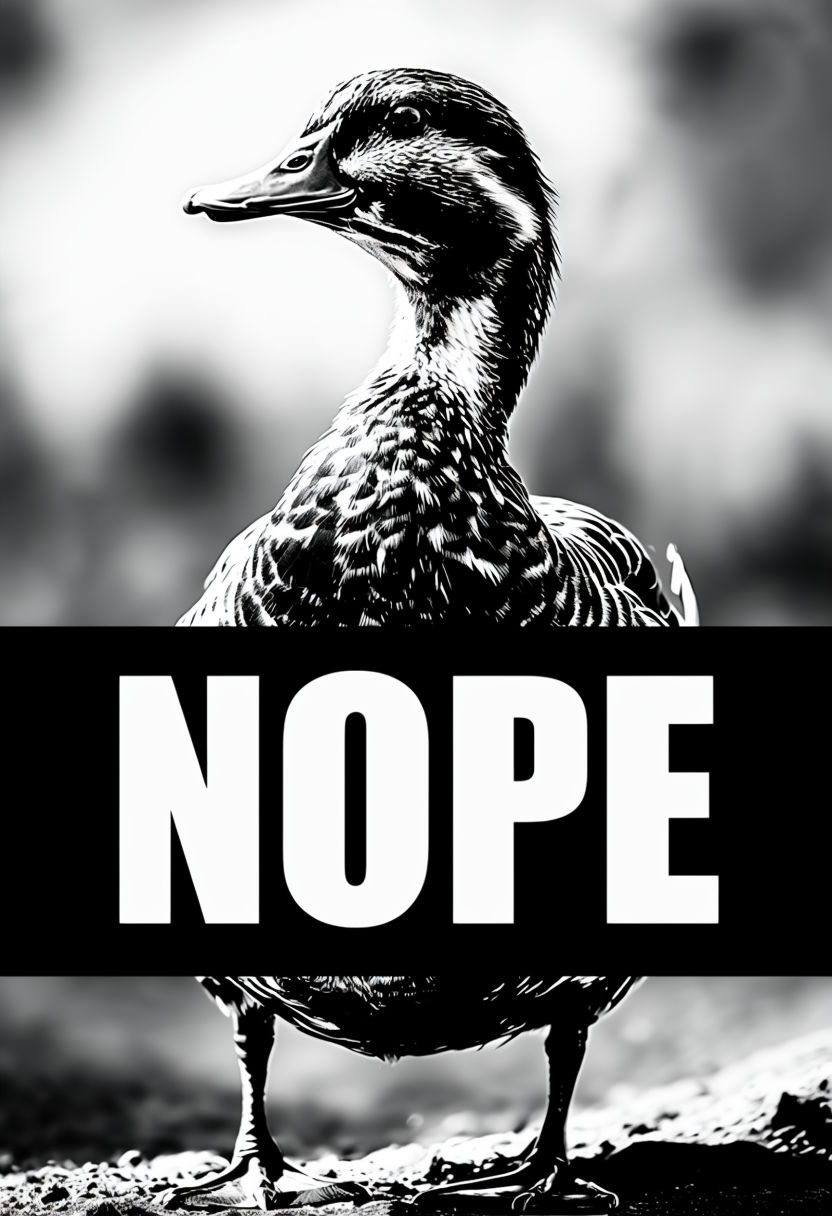 Defiant Black and White Duck with 'NOPE' Text Meme