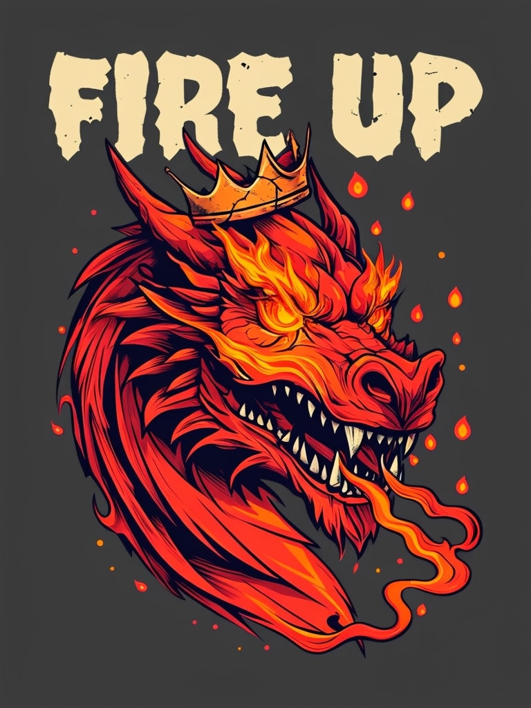 Fierce Red Dragon Head with Fire Up Text T-Shirt