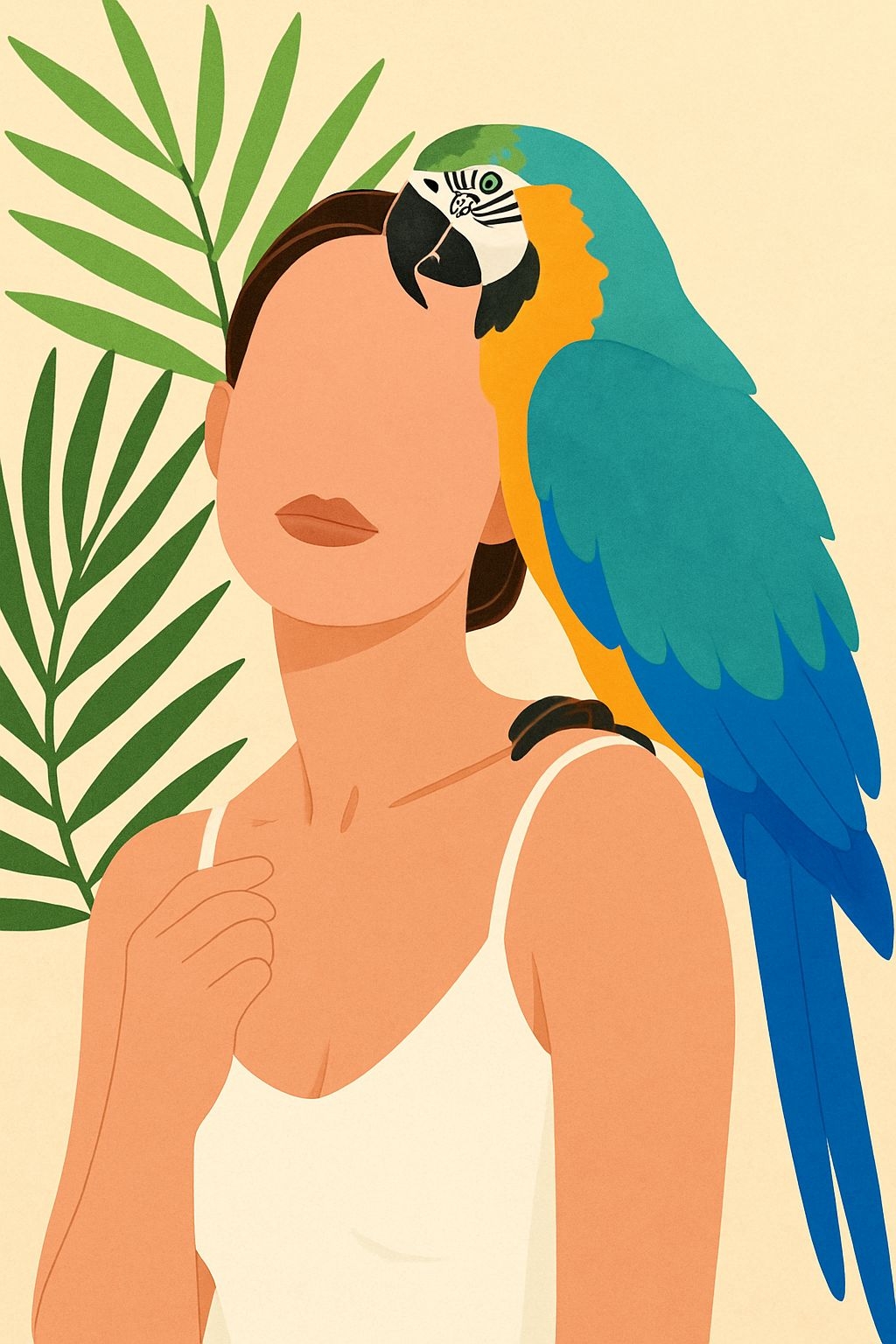 Minimalist Woman with Parrot and Palm Leaves Art