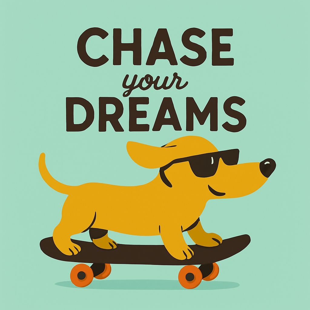 Cool Dachshund Skateboarding with Chase Your Dreams Text T-shirt
