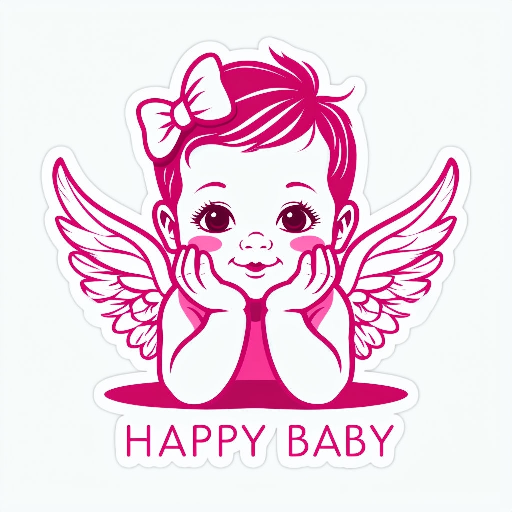 Angelic Baby Illustration with Cute Wings and Happy Baby Text Sticker