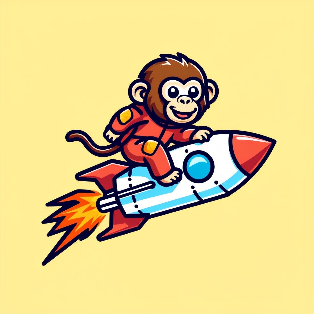 Cheerful Chimpanzee Riding Rocket Cartoon Sticker