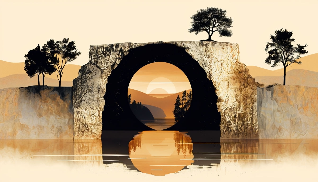 Serene Sunset Landscape with Arch and Tranquil Water Virtual Background