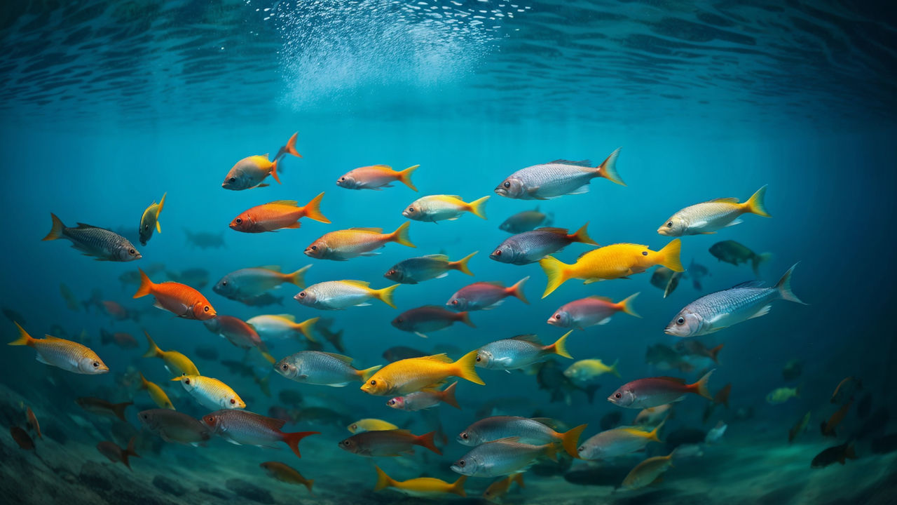 A group of fish of different colors in a transparent lake by mohamad ...