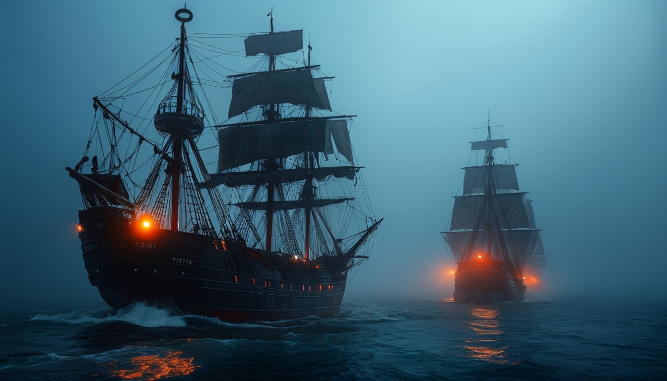 Dramatic Foggy Sailing Ships Vintage Scene for Virtual Backgrounds