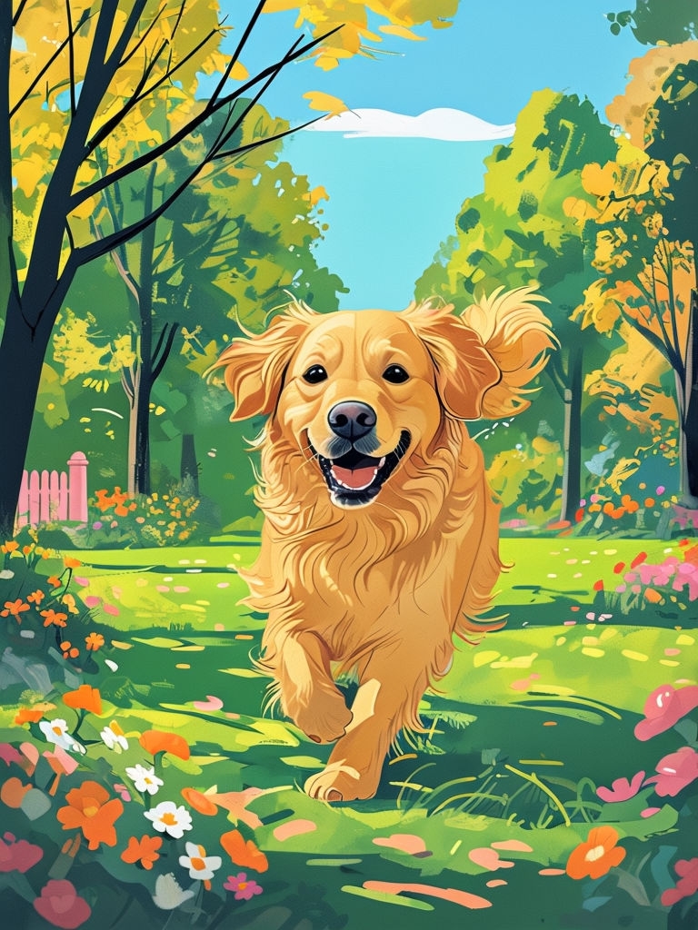 Joyful Golden Retriever Running in Vibrant Garden Art