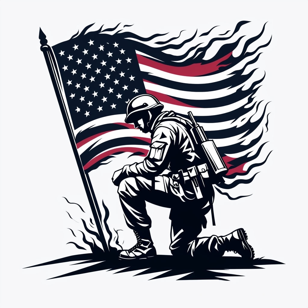 Solemn Soldier with American Flag Black and White Illustration Mug