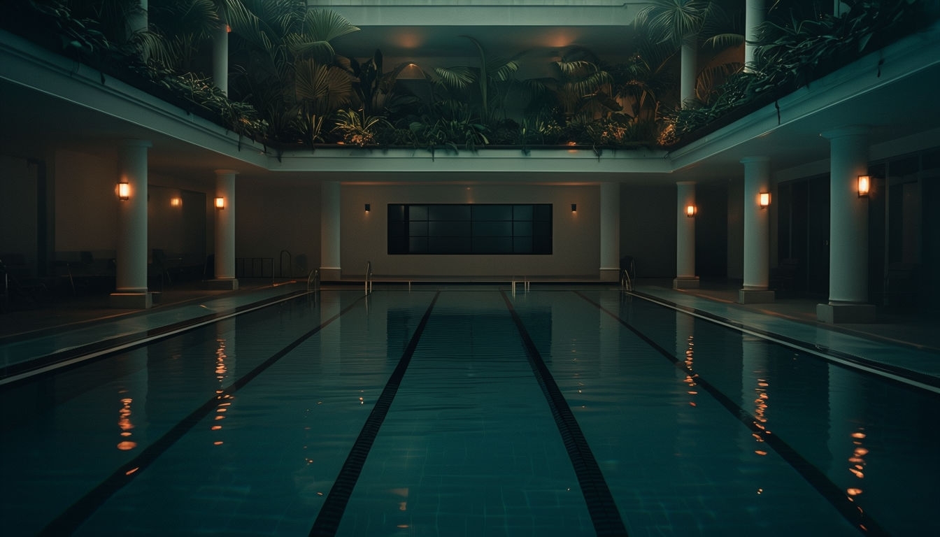 Serene Indoor Swimming Pool with Tropical Elements Background Virtual Backgrounds