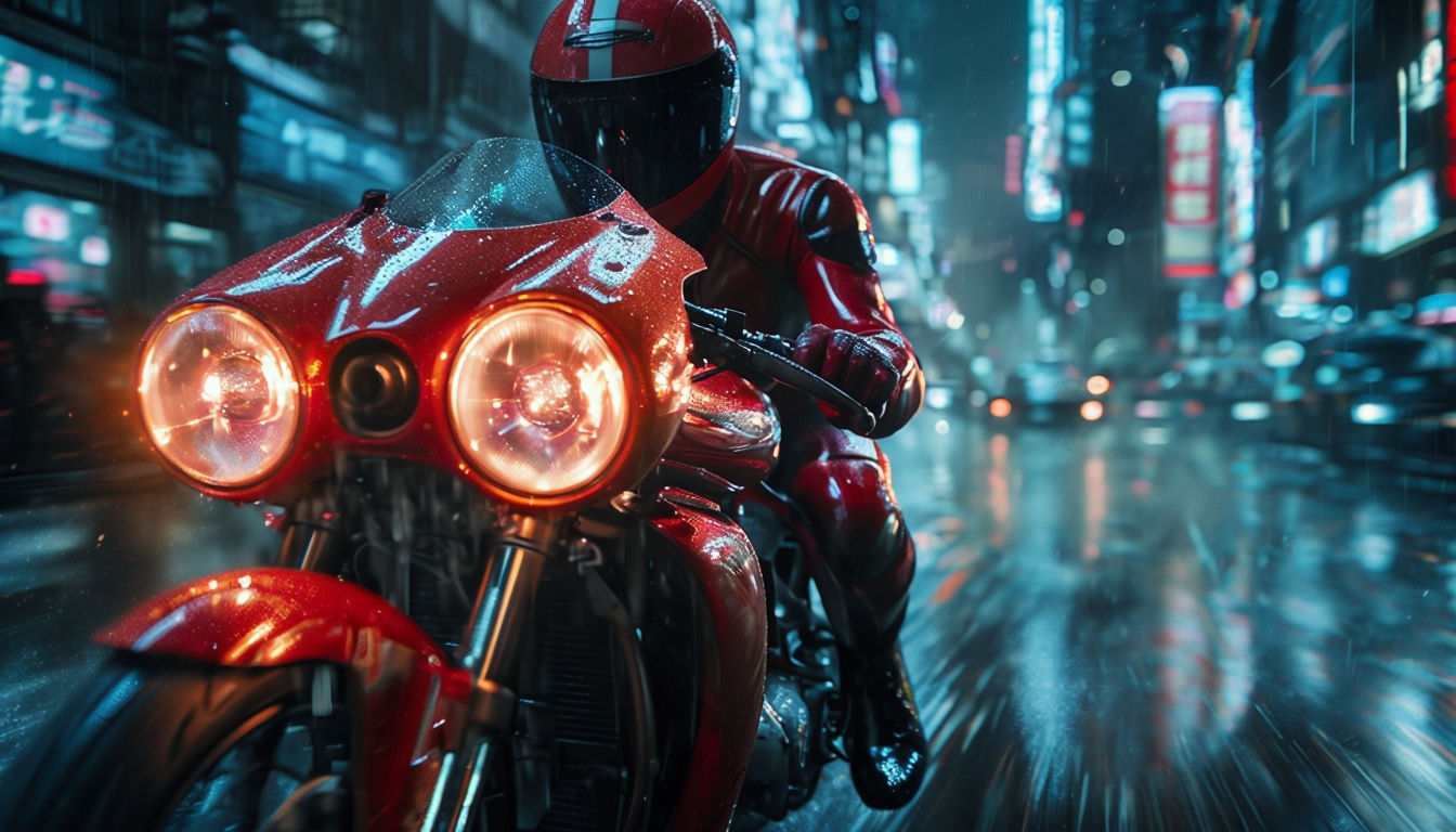 Vibrant Red Motorcycle in Futuristic Cyberpunk City Art