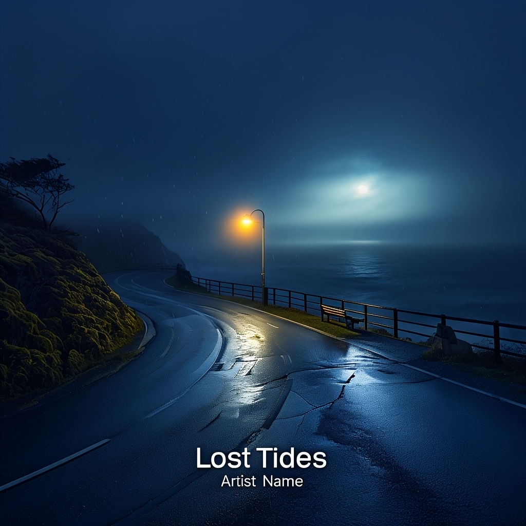 Serene Nighttime Coastal Road with Warm Streetlamp Cover Art Spotify Album Cover