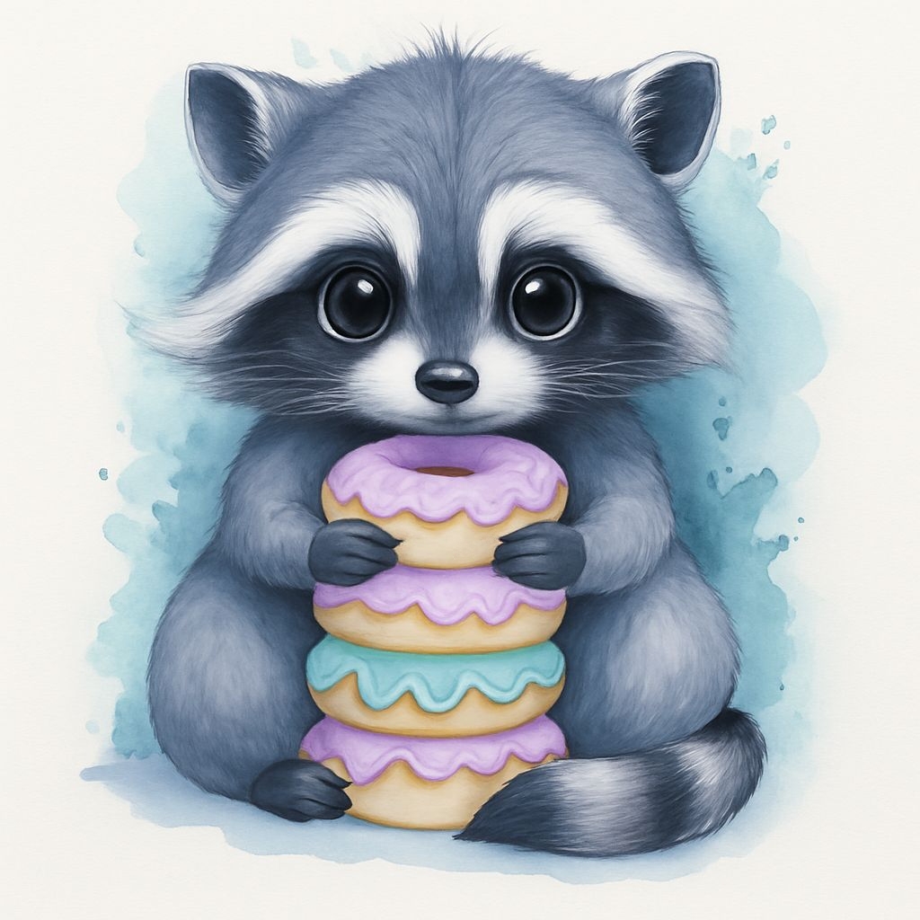 Adorable Raccoon Holding Colorful Donuts Watercolor Sticker
