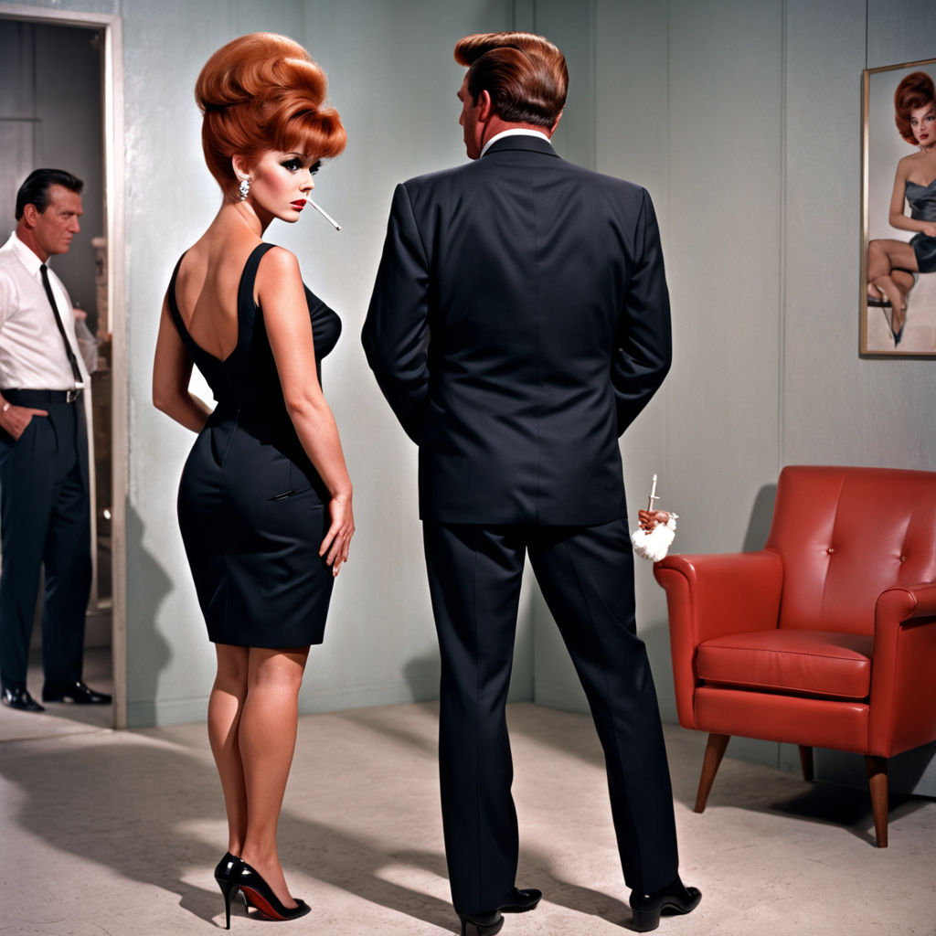 1960s era full color full body side view looking at camera stiletto high  heels Jill St. John nude with updo beehive red hair