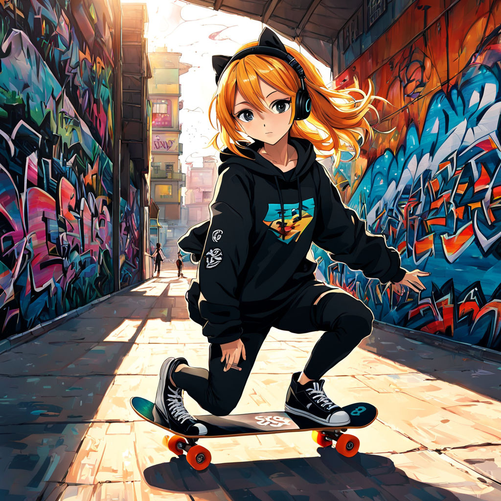 anime girl doing a kickflip on a skateboard