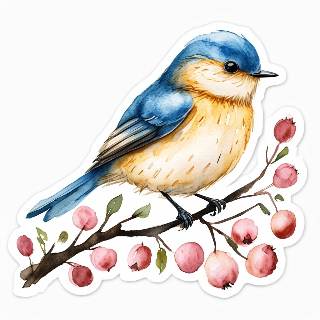 Vibrant Watercolor Bird on Branch with Berries Sticker