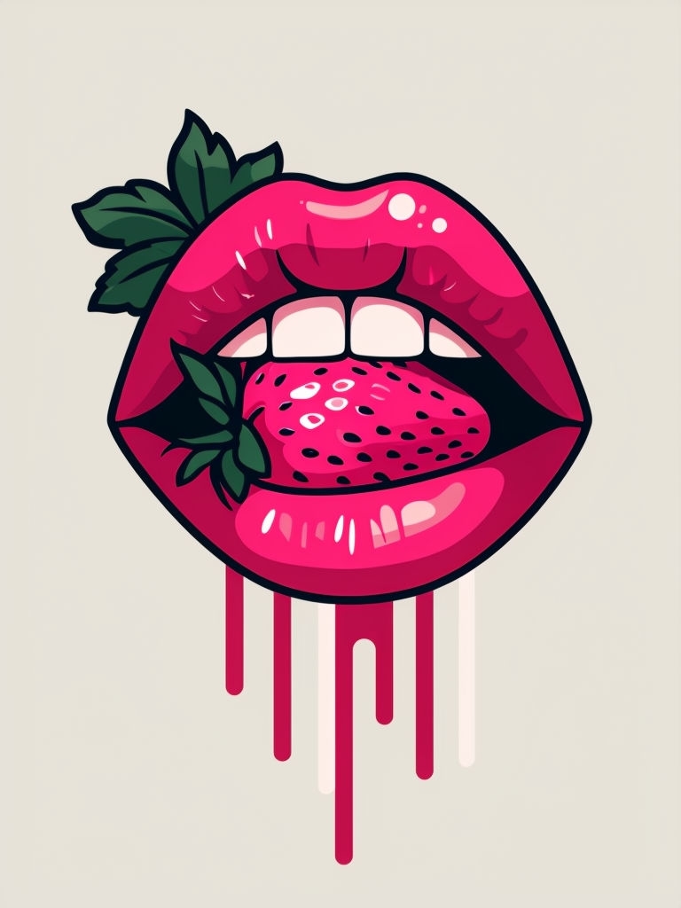 Vibrant Pop Art Red Lips with Strawberry T-Shirt