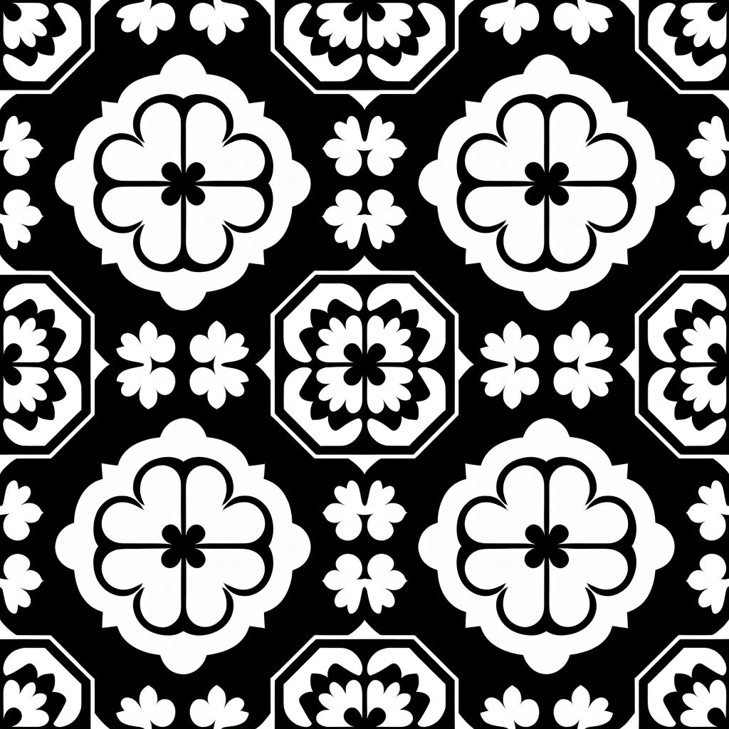 Black and White Geometric Floral Shapes Seamless Pattern