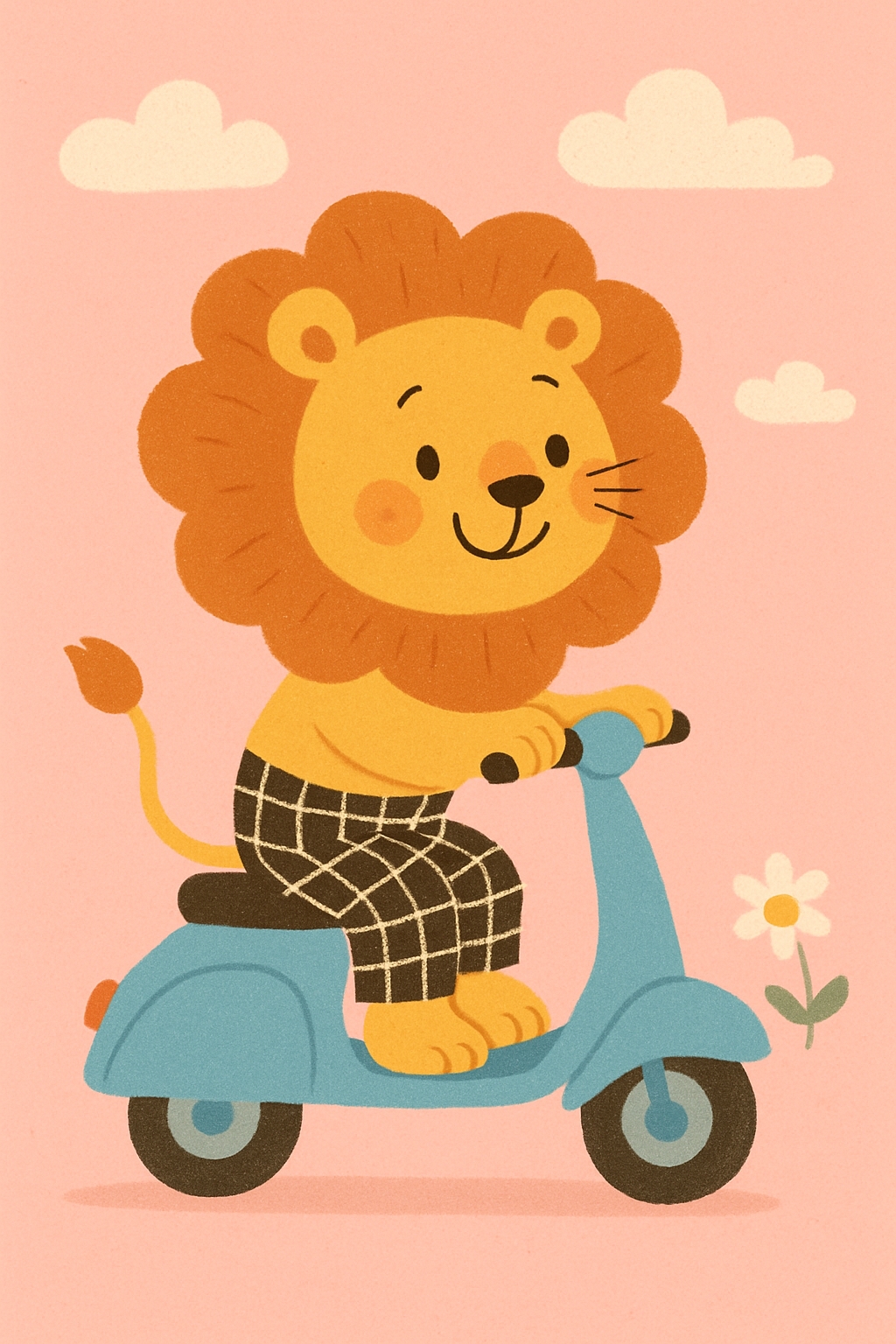Cheerful Cartoon Lion Riding Scooter in Playful Illustration Art