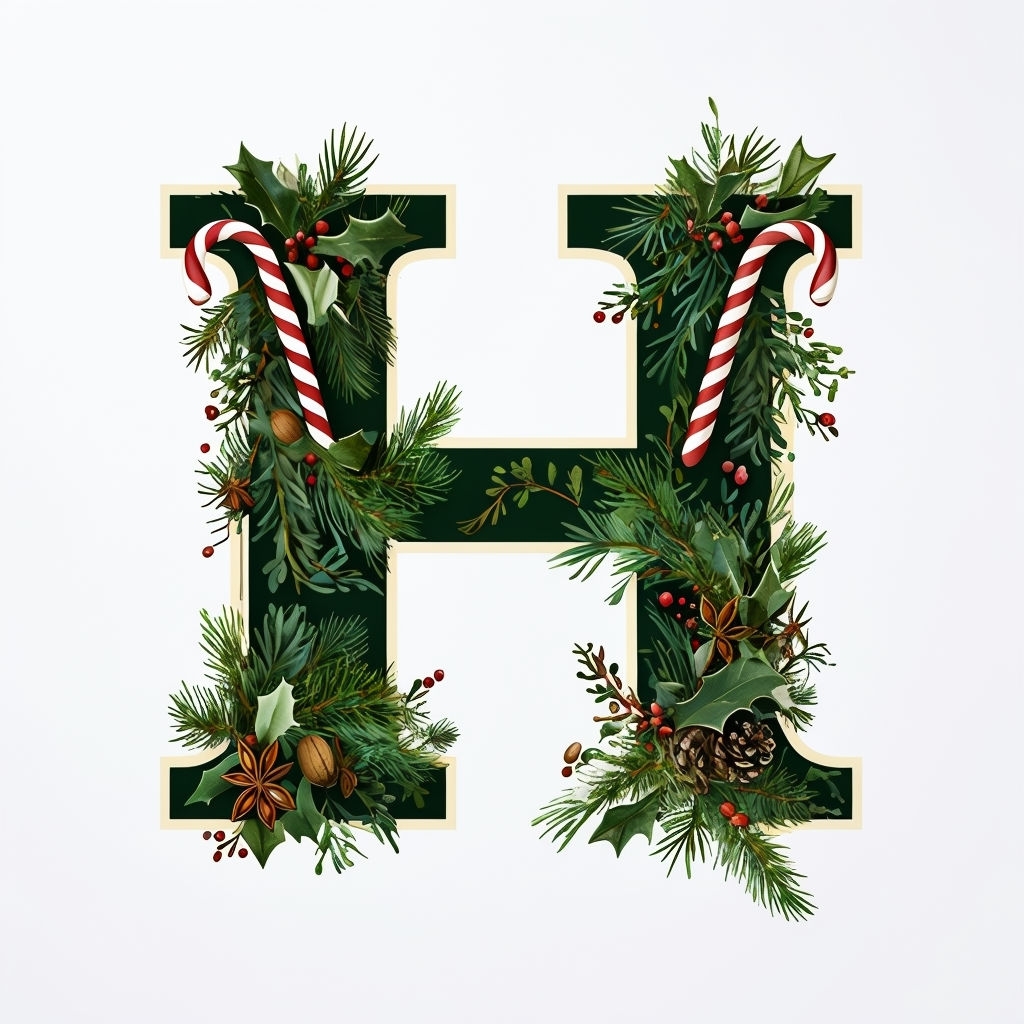 Festive Christmas Monogram 'H' with Greenery and Candy Canes Design Monogram