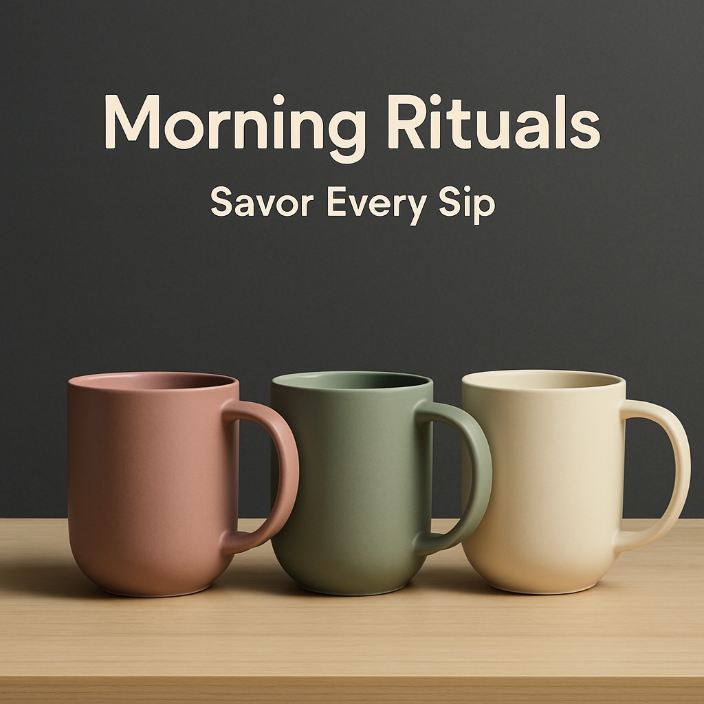 Elegant Ceramic Mugs Morning Rituals Advertisement Poster