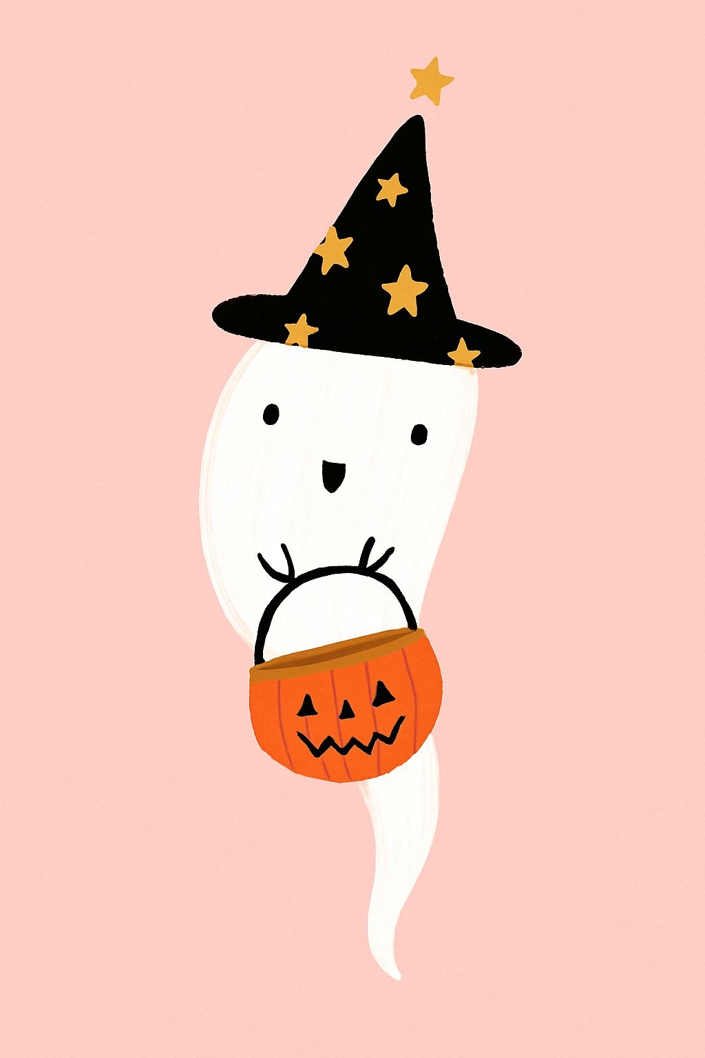 Friendly Cartoon Ghost with Witch Hat and Pumpkin Basket Art