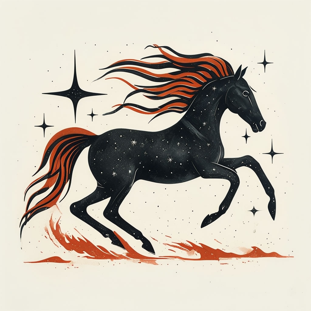 Celestial Black Horse in Motion with Starburst Designs T-Shirt