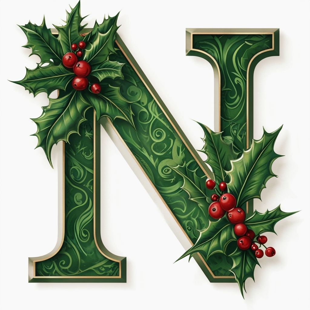 Ornate Holly Adorned Letter N Illustration for Holiday Decor Monogram