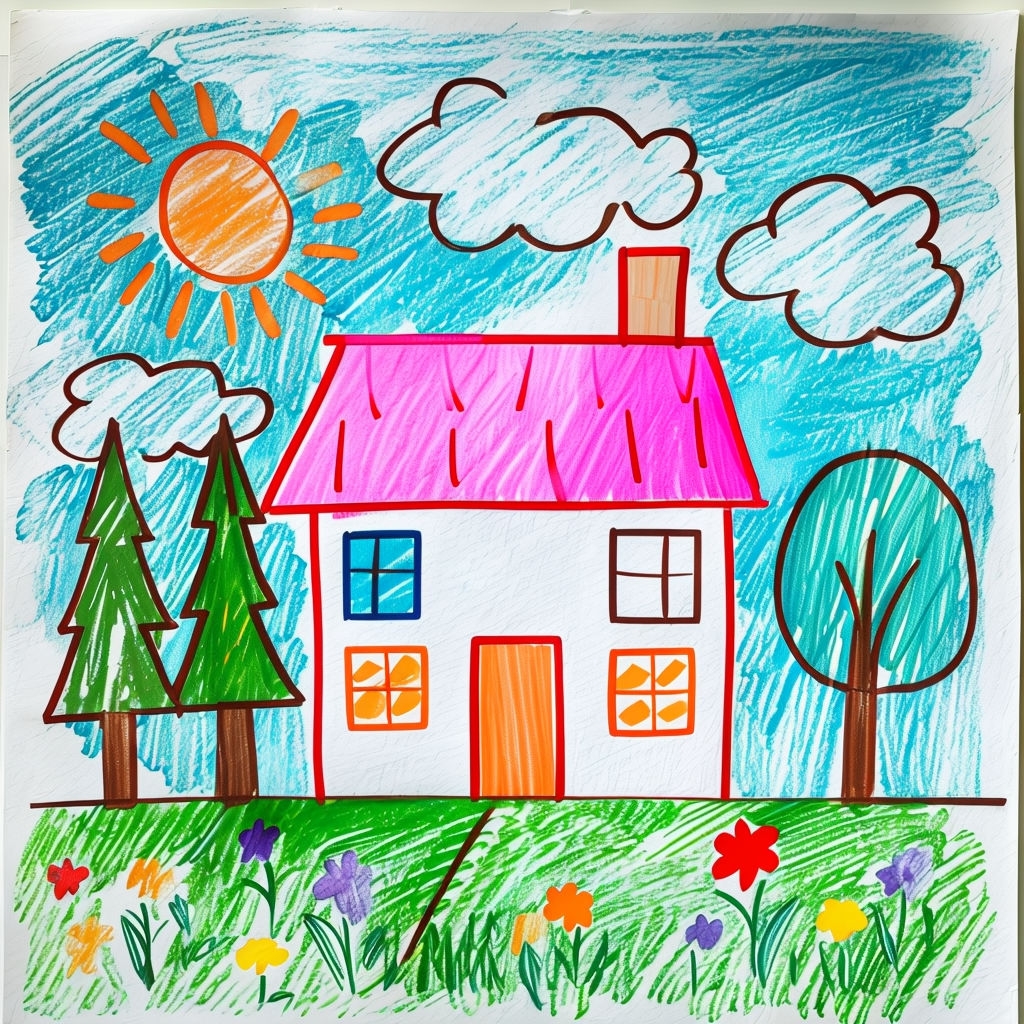 Cheerful Crayon Drawing of a Two-Story House in Nature Art