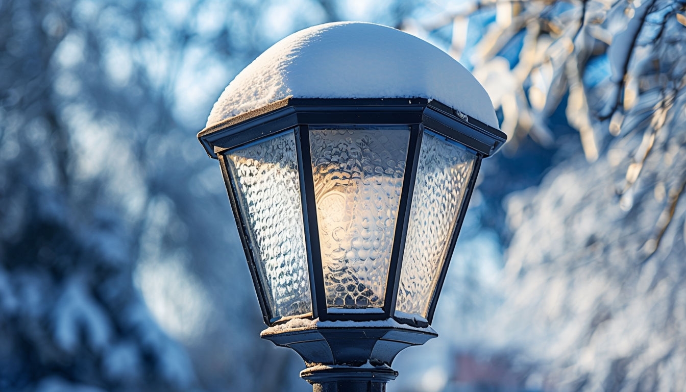 Elegant Snow-Covered Black Metal Lamppost Winter Scene Virtual Backgrounds
