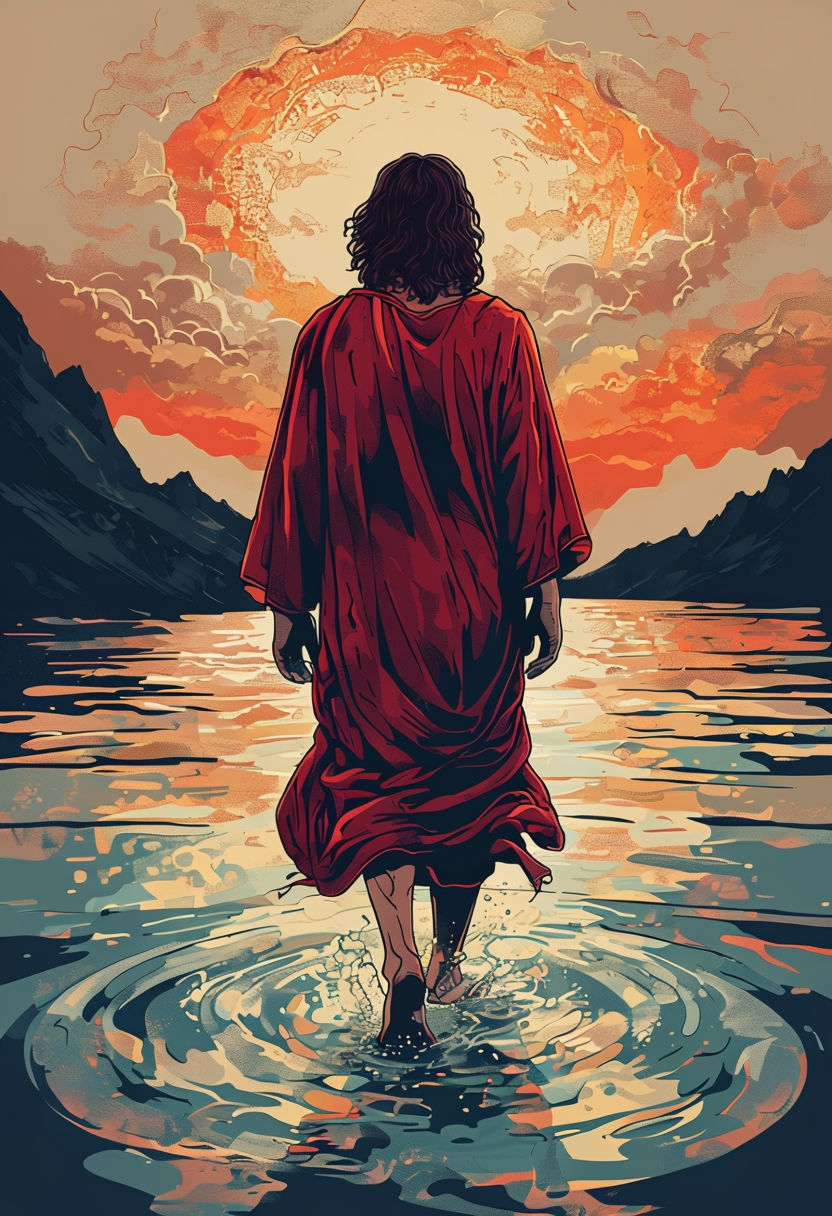 Serene Jesus Walking on Water at Sunset Illustration Art