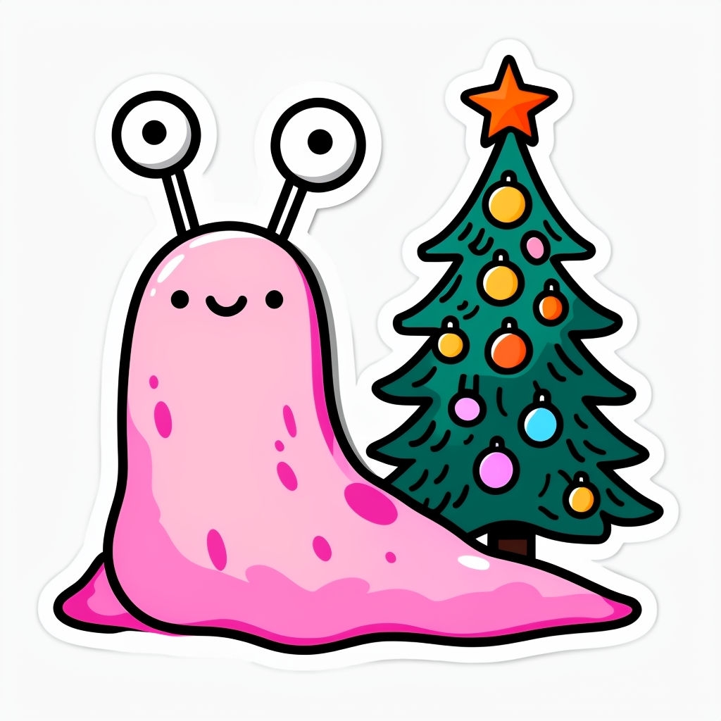 Whimsical Pink Slug and Christmas Tree Cartoon Sticker