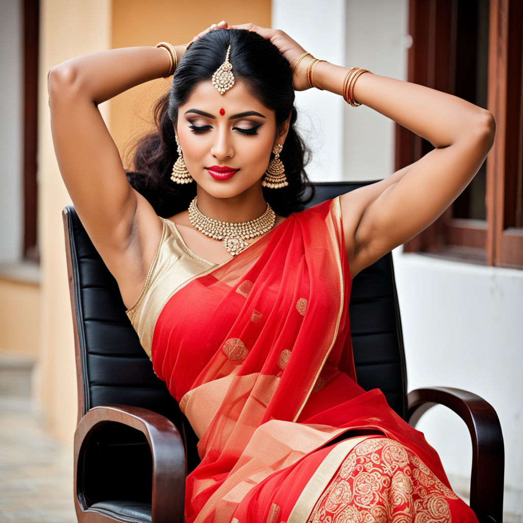 Female bodybuilder in saree showing her hairy armpits