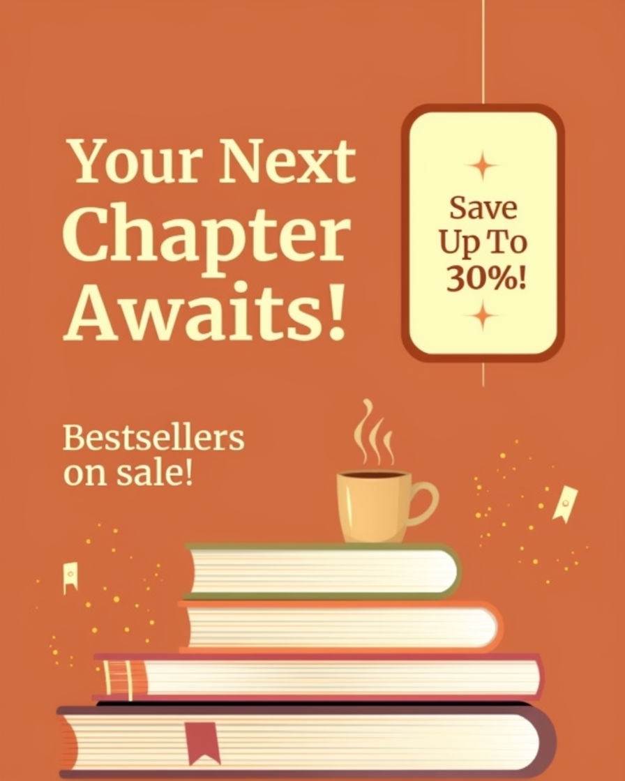 Cozy Reading Nook Advertisement with Bestsellers on Sale Ads