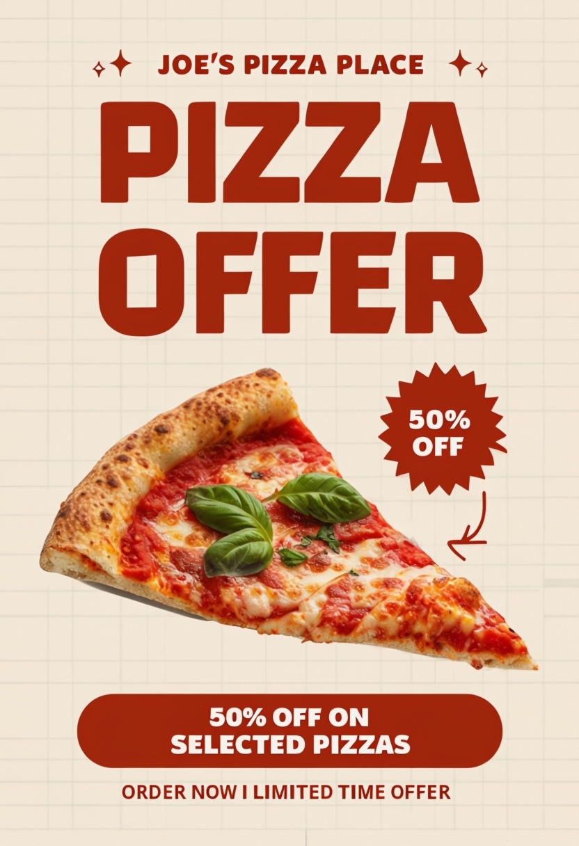 Enticing Joe's Pizza Place Promotional Offer Poster with Cheese Pizza Slice