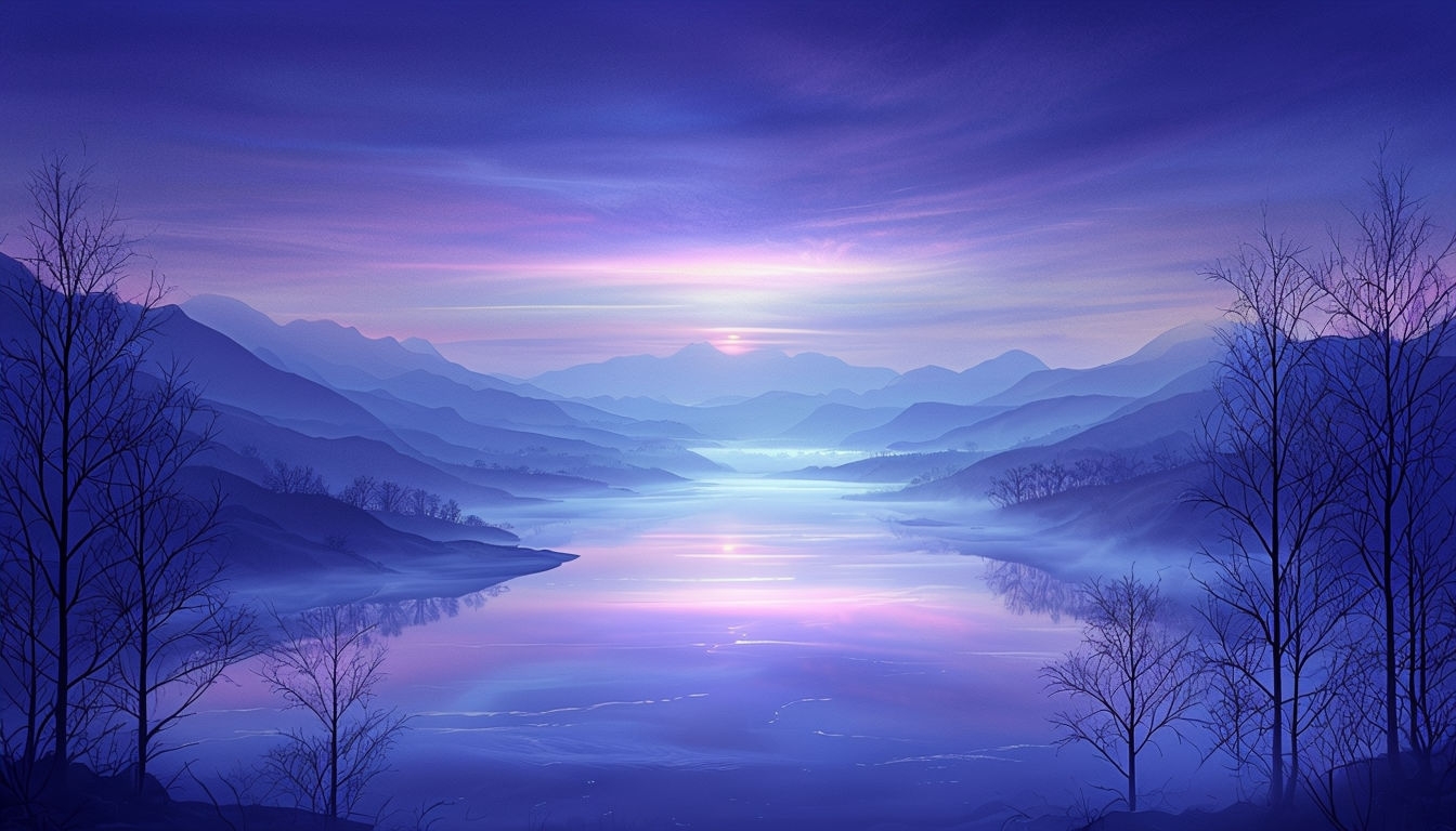 Ethereal Sunrise Reflected in Tranquil River Landscape Background