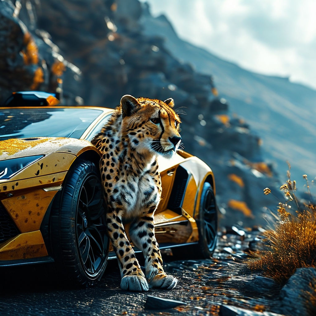 Cheetah in repose overlooking a Lamborghini as it navigates ... by ...