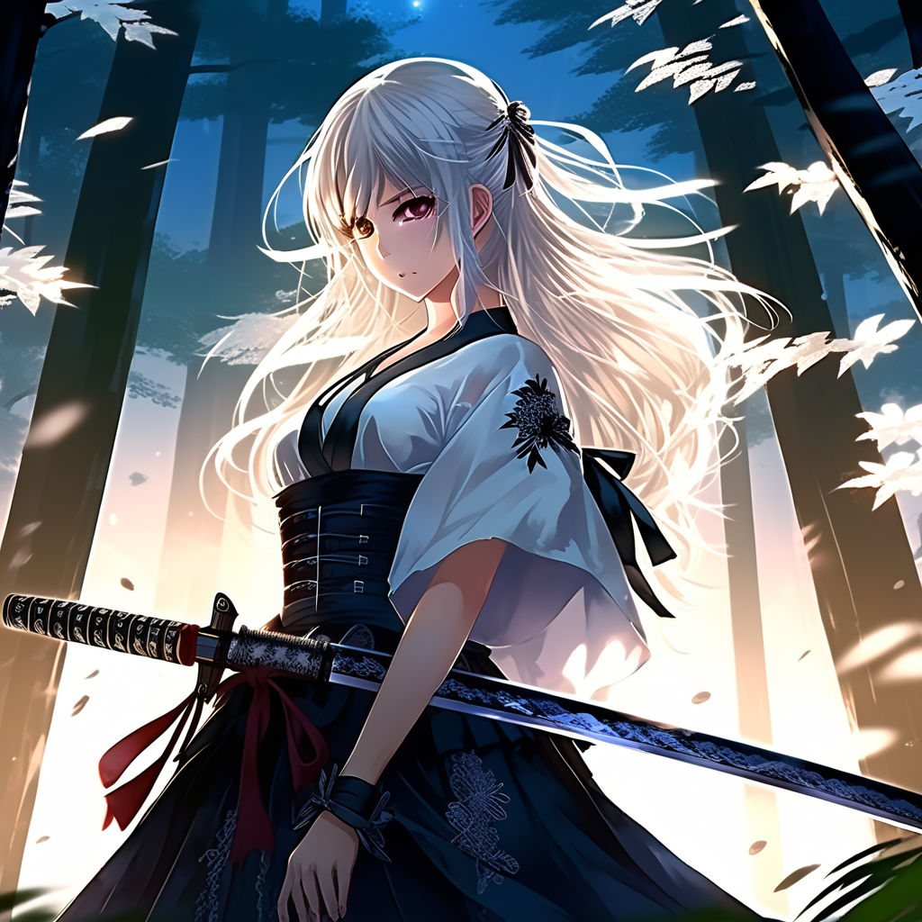 Anime girl with katana crazy night forest from behind bare by Дон Карлон Playground