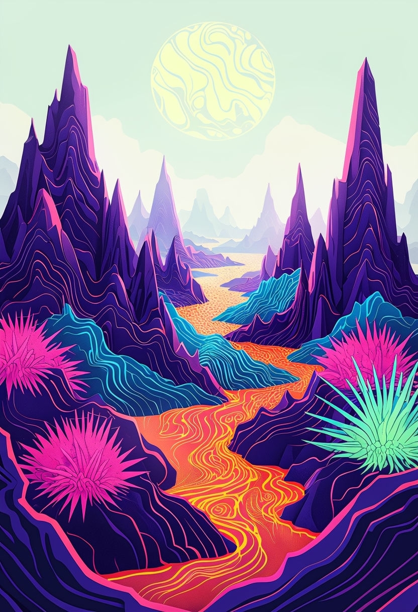 Fantastical Alien Volcanic Landscape Artwork with Vibrant Flora Art