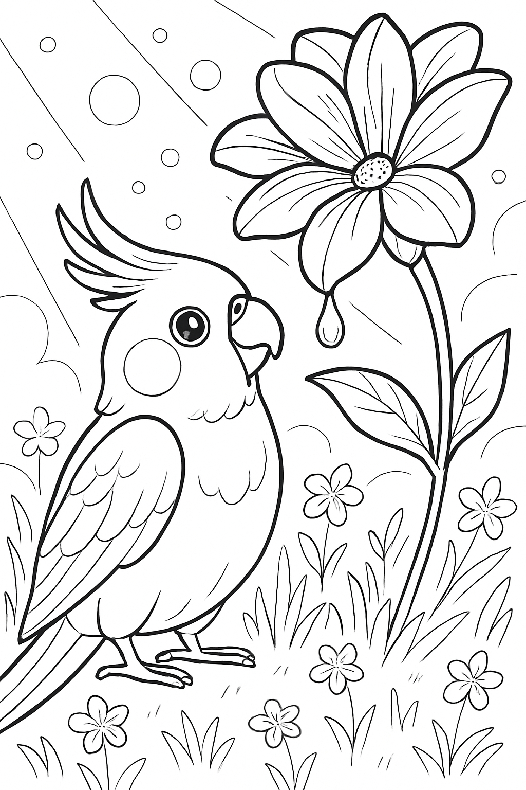 Charming Cartoon Bird and Flower Line Art for Coloring Book Pages