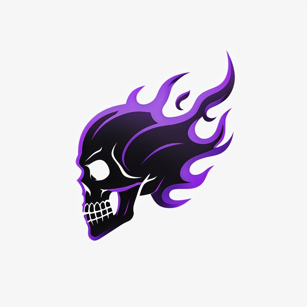 Minimalist Black and Purple Skull Logo with Flames